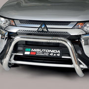 A silver Misutonida 4x4 front bumper bull bar mounted on the front bumper of a gray Mitsubishi vehicle, shown against a neutral studio background.